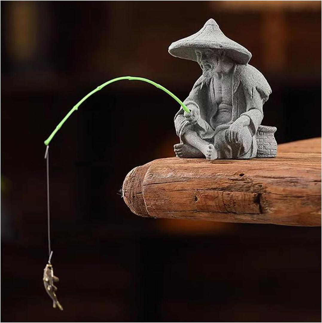 livelyfish Mini Fisherman Statue Asian Zen Decoration Sitting Fishing Figurines Sandstone Vintage Ornament for Aquarium Fish Tank Pot Garden Home Japanese Decor (C2)