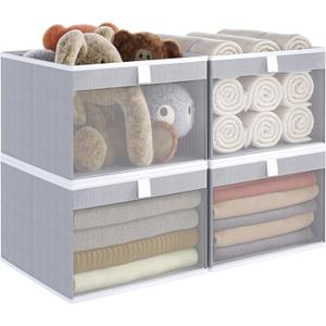 Linen Closet Organizers and Storage, Closet Storage Bins Basket Organizer, Foldable Organization Baskets with Mesh Window for Clothes Towels and Toys, 14.5" x 14.5" x 10.25", Gray, 4 pack