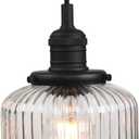Yosoan Indoor Vintage Edison Hanging Pendant Light, 1-Light Hardwired Modern Vanity Light Industrial Semi Flush Mount Lamp Striped Ribbed Glass Shade for Kitchen Table Bar Island(Black)