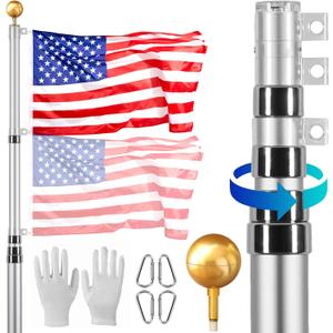 VEVOR 25FT Telescoping Flag Pole Kit, Heavy Duty Aluminum Alloy in Ground Flag Poles for Outside, 3 Display Modes Flagpole with 3x5 American Flag, Professional Accessories, Silver