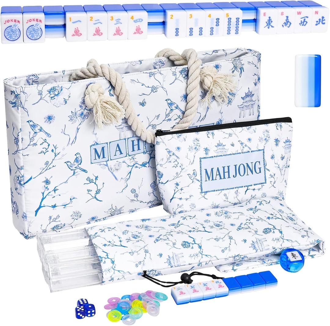 TIASUSAN 4 Layer Engraved American Mahjong Tile Set, 166 Acrylic Mahjong Tiles with White Bags, Racks and Pushers, Accessories