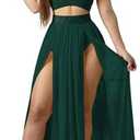 Women Sexy 2 Piece Outfits Dress Chiffon Strap Deep V Neck Bra Crop Top High Split Maxi Dresses Skirt Set, Size XL