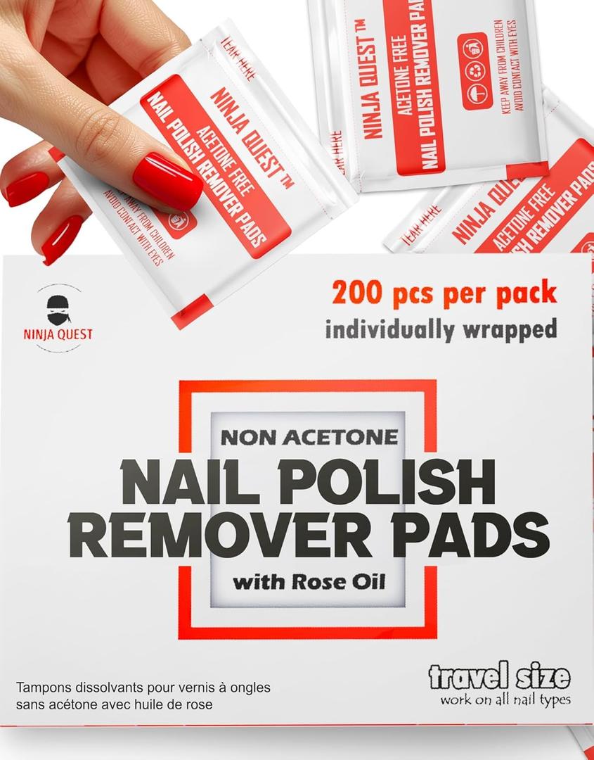 Nail Polish Remover Pads 100% Non Acetone - 200 Pack of Individually Wrapped Bulk Set Gel Nail Polish Remover Wipes - Fingernail Travel Kit to Clear Nail Polish for Home & Professional Removal