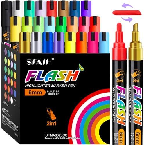 SFAIH 24 Colors Chalk Markers [1s Wet Wipe] - No Residue, Liquid Chalk Markers for Blackboard, School Sign Board, Calendar, Windows, Glass, Zero Dust, 6mm Reversible Tip, With Highlighter Color Marker