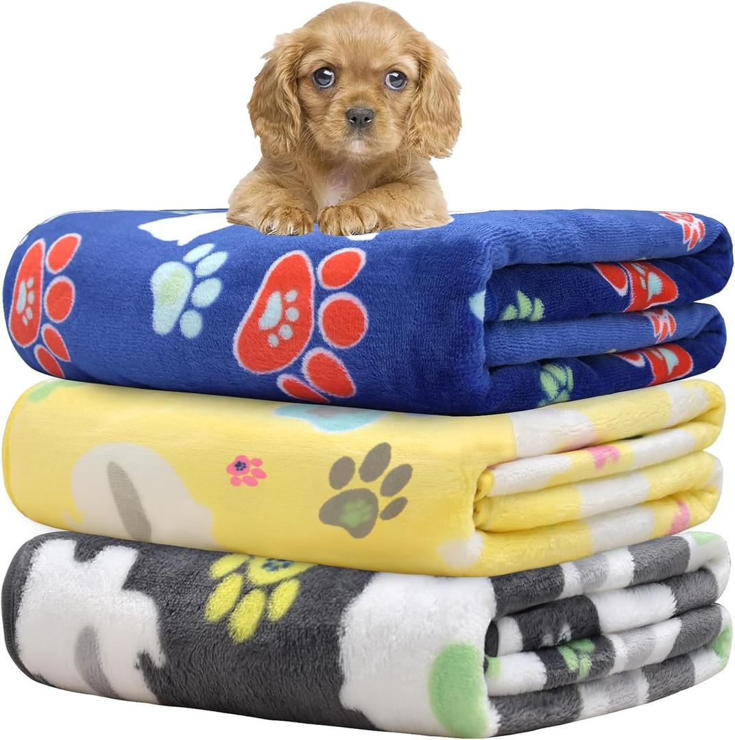 Rezutan Small Dog Blankets 3 Pack for Pet Cat Soft Fuzzy Washable Puppy Blankets,Reversible Elephant & Paw Print Suitable for Dog Kennels & Beds, Sofas Gifts Puppy Essentials, 24x20 inch (Grey/Blue/Yellow)