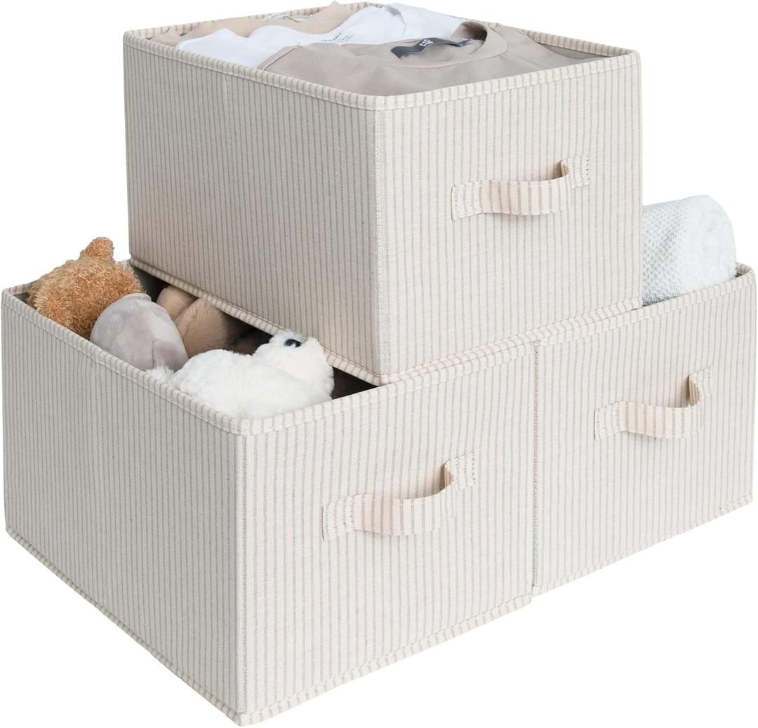 StorageWorks Storage Baskets for Shelves, Foldable Fabric Closet Storage Bins with Handles, Fabric Storage Bins Clothes Organizer, Beige Stripes, 3-Pack, Large (14 " L x 10 " W x 8" H)
