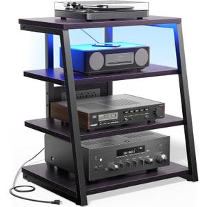 Besiost AV Media Stand with Outlets, Media Console with LED Lights, Stereo Racks and Stands with Storage Shelves, Media Audio Tower Cabinet, Black Enoby, 23.6-in