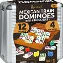 Mexican Train Dominoes Set with 4 Holders - Dominoes Double 12 with Wooden Hub and Tiles Holders - Double 12 Dominos Set for Family Game Night for Adults and Kids Ages 8 and up (D12 + 4 Holders)