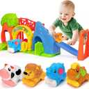 BAYSING Toys for Toddler 1, 2, 3 Year Old Boy and Girl, Zoo Animal Slide Playset with 4 Animal Cars, Open-Ended Interactive Toy for Cultivate Imagination, Gifts for 12-18+ Months Kids