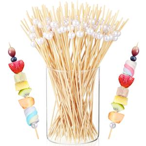 100 Pcs 8 Inch Long Cocktail Picks Fancy Toothpicks for Appetizer Bamboo Cocktail Sticks for Fruit Drink Dessert Barbecue Charcuterie Pearl Skewers for Wedding Birthday Baby Shower Party (White)