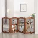 beeNbkks Freestanding Pet Gate with Cat Door, Dog Proof Cat Gate, Indoor Dog Gates for The House Doorways Stairs, Metal Mesh Wooden Small Animal Pet Barrier with Walk Through Door and Support Feet