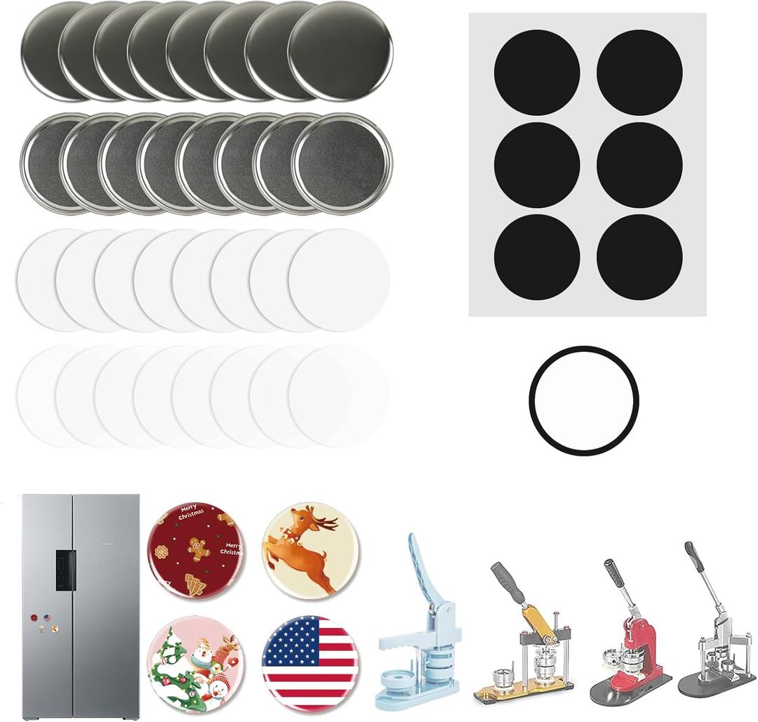 100 Sets Button Maker Supplies 58mm/2.25inButton Parts for Fridge Magnet Button Maker MachineIncluding Metal Cover, Metal Back Cover, Clear Film, Blank Paper, Soft Magnet and Gasket