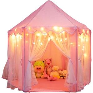 ORIAN Princess Castle Playhouse Tent for Girls with LED Star Lights Indoor & Outdoor Large Kids Play Tent for Imaginative Games ASTM Certified, 230 Polyester Taffeta, Pink 55"x53"