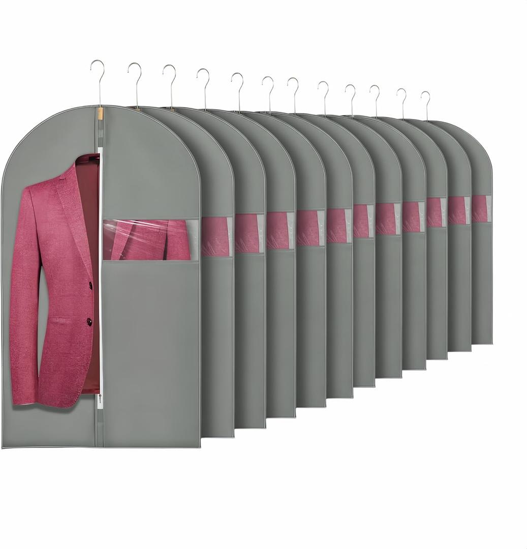 24"X40" 12PACK Garment Bags for Hanging Clothes Travel Suit Cover Bag for Closet Storage with Clear Window Non-Woven Fabric Protector Bag with Zipper for Suits,Coats,Shirt,Jackets,Sweaters Gray