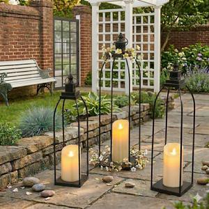 DARJEN 3 Pcs Black Metal Decorative Candle Lantern Set, 16'' 19'' 22'' Modern Lantern with 3 Flameless Candles for Indoor & Outdoor, Decorative Large Lanterns for Porch, Patio, Fireplace & Home Decor