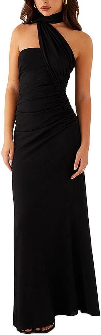 Women Strapless Tube Scarf Floral Maxi Dress Elegant Summer Ruched Prom Cocktail Party Dress Wedding Guest Dress (Black, L)