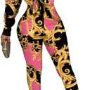 Glozeplus 2 Piece Outfits for Women Sexy Bodycon Long Sleeve Crop Tops Long Pants Sets Floral Print Tracksuits Jumpsuits (Large, Colorful10883-5)