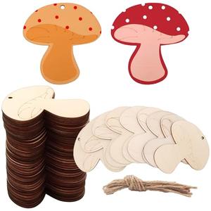 40 Pcs Mushroom Wood Cutouts Unfinished Wooden Ornaments Craft Slices to Paint Mini DIY Blank Wood Discs Ornament with Holes Rope for Home Crafts Hanging Decoration