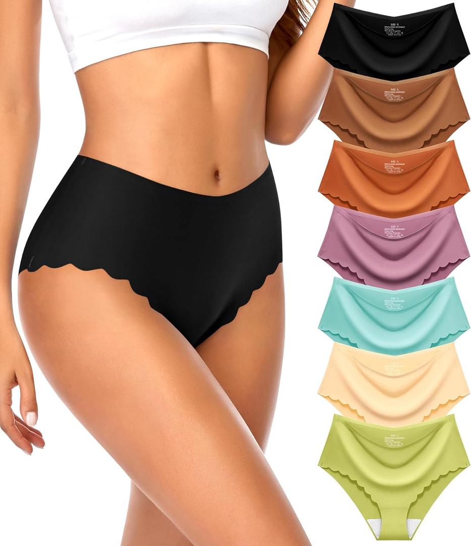 High Waisted Seamless Underwear for Women No Show Panties Sexy Cheeky Bikini Scalloped Edge Breathable Briefs 7 Pack (L)