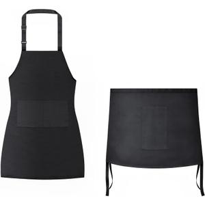 KINGOD 2-Piece Black Kitchen Apron Set  Full Bib Apron & Half Waist Apron, Adjustable Chef Aprons with Pockets for Cooking, BBQ, Restaurant & Serving