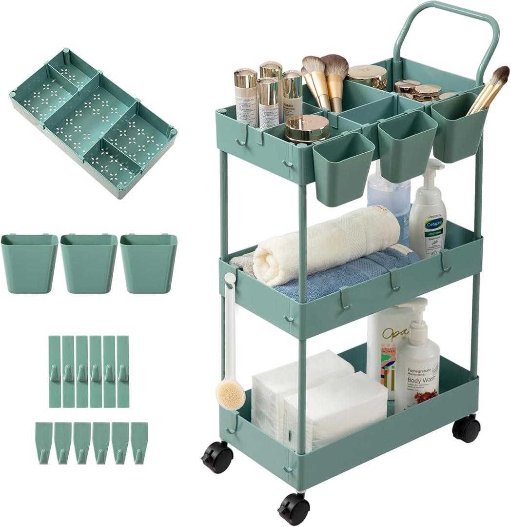 danpinera Storage Cart on Wheels, 3 Tier Bathroom Cart Organizer Slim Laundry Narrow Shelf with Wheels Dividers Hanging Cups Hooks Handle Easy Assembly, Green