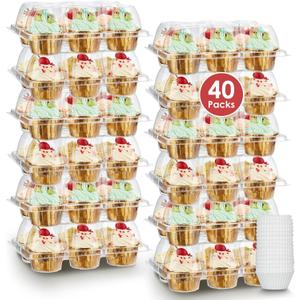(6 Count x 40 Sets) Stackable Cupcake Containers with 240 Pack Liners, Plastic Cupcakes Boxes Holders for 6 cakes, High Tall Dome Lid Cupcakes Carrier, Clear Cupcake Trays/Containers/Holders