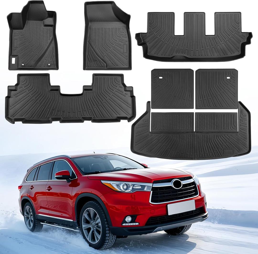 for Toyota Highlander Floor Mats 2008 2009 2010 2011 2012 2013 (Not for Hybrid), TPE All-Weather Liners Full Set, Front Mats, Cargo Liner & Backrest Mats for Toyota Highlander Accessories 2008-2013