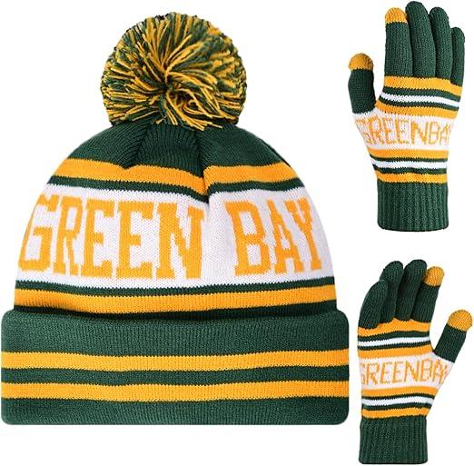 Vintage Classic Skull Cap Beanie Hat Cuffed Winter Hat Knit Comes with Warm Gloves Gifts for Men Women Fans, Color: Green Bay P