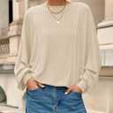 BTFBM Casual Fall Tops for Women 2025 Long Sleeves Solid Shirts Crew Neck Loose Fit Work T Shirt (Beige, XXL)