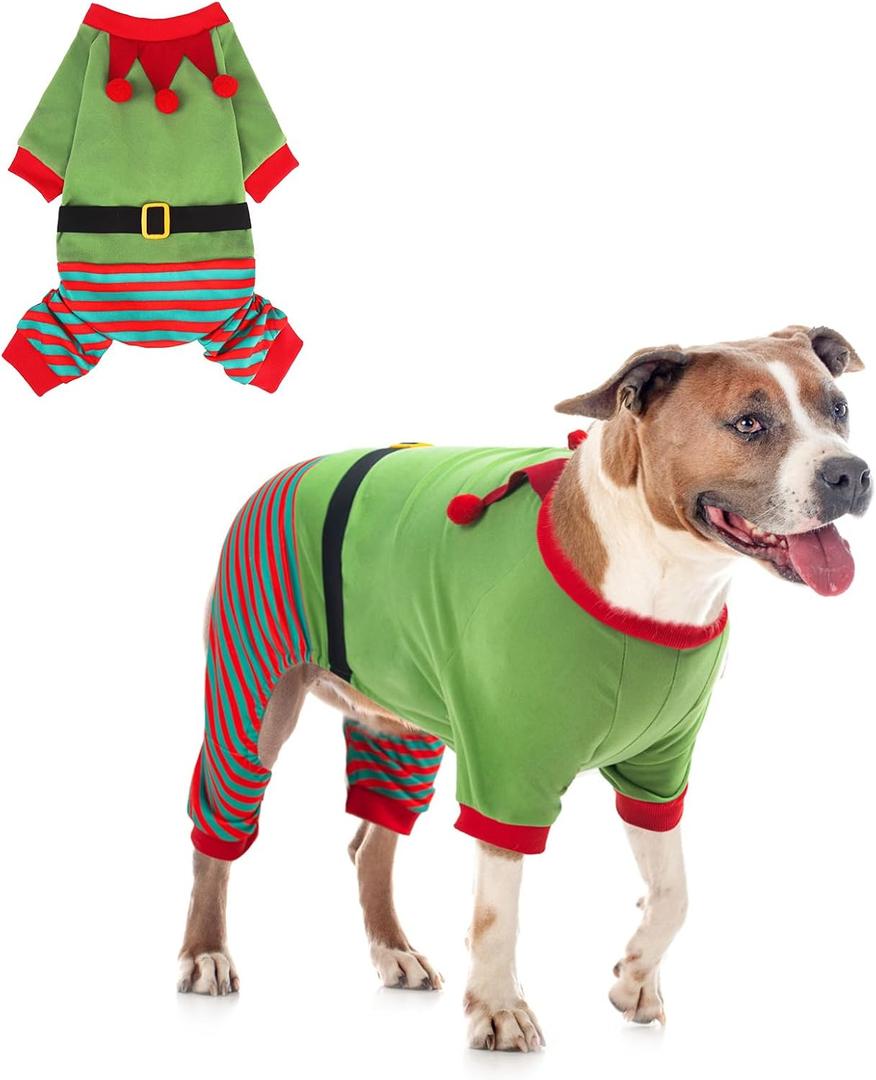 SCENEREAL Dog Christmas Sweater Pajamas, Funny Elf Costume for Large Medium Small Dogs Girl Boy, Soft Pet Costumes Xmas Warm Puppy Winter Clothes, Holiday Outfit Jammies Pjs, L