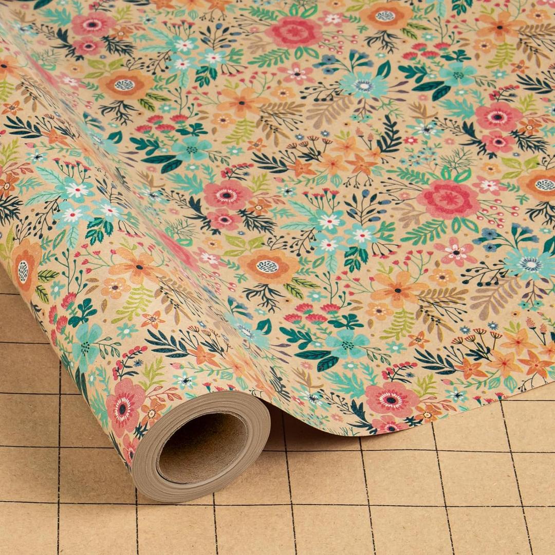MAYPLUSS Colorful Floral Kraft Wrapping Paper Roll - 17Inch x 33Feet - Garden Boho Floral Gift Wrap Paper Spring Summer Blooms Sheet for Wedding, Bridal Shower, Birthday and Engagement