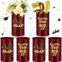 Domensi 6 Pcs 2025 Graduation Table Centerpiece Vase Decorations Class of 2025 Galvanized Metal Tin Vases for Artificial Flowers Grad Caps Cutlery Utensil Holder for Party Supplies Gifts(Maroon) (Burgundy Red)