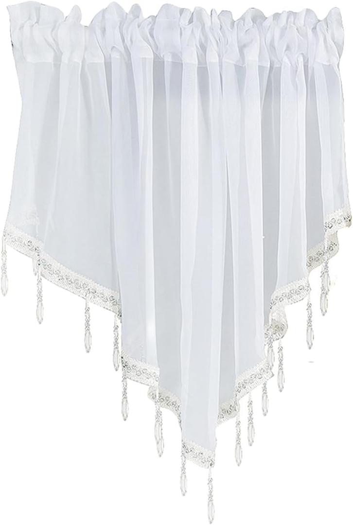1Pcs White Sheer Valance Curtains 51.2 x 23.6 Inch, Beaded Swag Valances for Windows Living Room Kitchen Bedroom Bathroom, Short Top Farmhouse Valance Curtains with Rod Pocket Tassel Voile