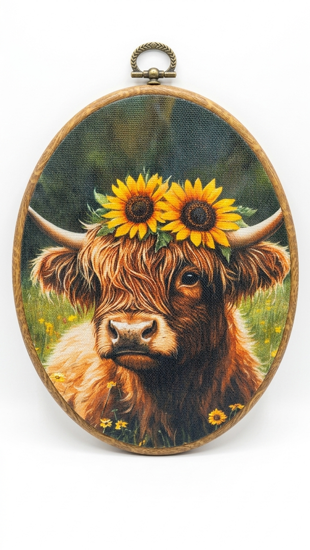 AEHIE Rustic Floral Western Cow Oval Wall Art Decor, Farmhouse Wildflower Flower Canvas Artwork Framed, Country Farm Cattle Animal Oval Wall Art for Home Bedroom Living Room Decor, 11x8.5 Inch