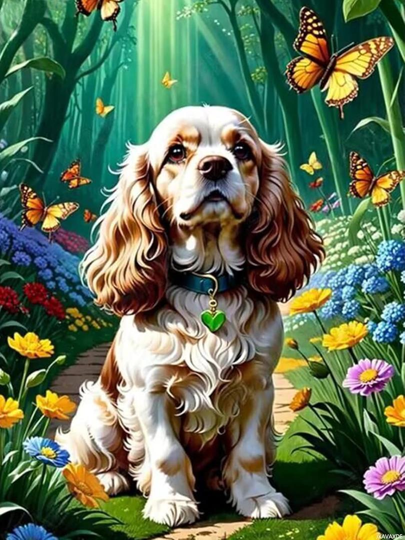 American Cocker Spaniel Diamond Art Painting Kits, Green Forest Dog DIY Round Full Drill Diamond Dots Paintings for Beginners Adults, 5D Paint Diamonds Pictures Gem Art Painting Kits 12x16 inch