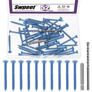 3 x Swpeet 52Pcs 3/16" x 2-1/4" Flat Head Concrete Screw Anchors with Screwdriver Bit and Drill Bit Assortment Kit, Concrete Screws Self Tapping Cement Screws for Anchoring to Masonry Block Brick Stucco