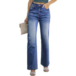 Sidefeel Women's Wide Leg Jeans Casual High Waisted Straight Zimbaplatinum Denim Pants with Pockets (12, Bluing)