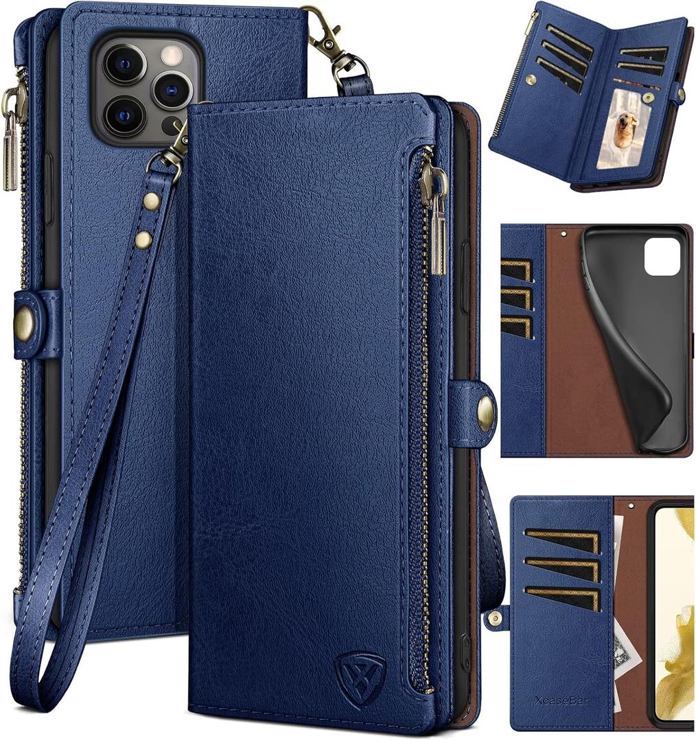 XcaseBar for iPhone 15 Pro Max 6.7" Wallet case with Zipper Credit Card Holder RFID Blocking,Flip Folio Book PU Leather Shockproof Protective Cover Women Men for Apple 15 ProMax Phone case Blue (Solid)