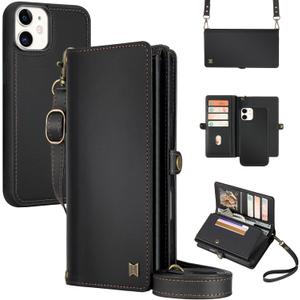 for Wallet Case Compatible with iPhone 11,Multi-Function Detachable 2 in 1 Magnetic iPhone 11 Case Wallet,Flip Strap Zipper Card Holder Phone Case with Shoulder Straps (Black)