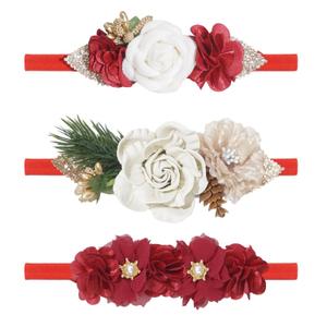 Baby Girl Flower Headbands for Christmas, 3pcs Elastic Nylon Floral Hair Band, Bows Wrap for Infant Newborn Toddler