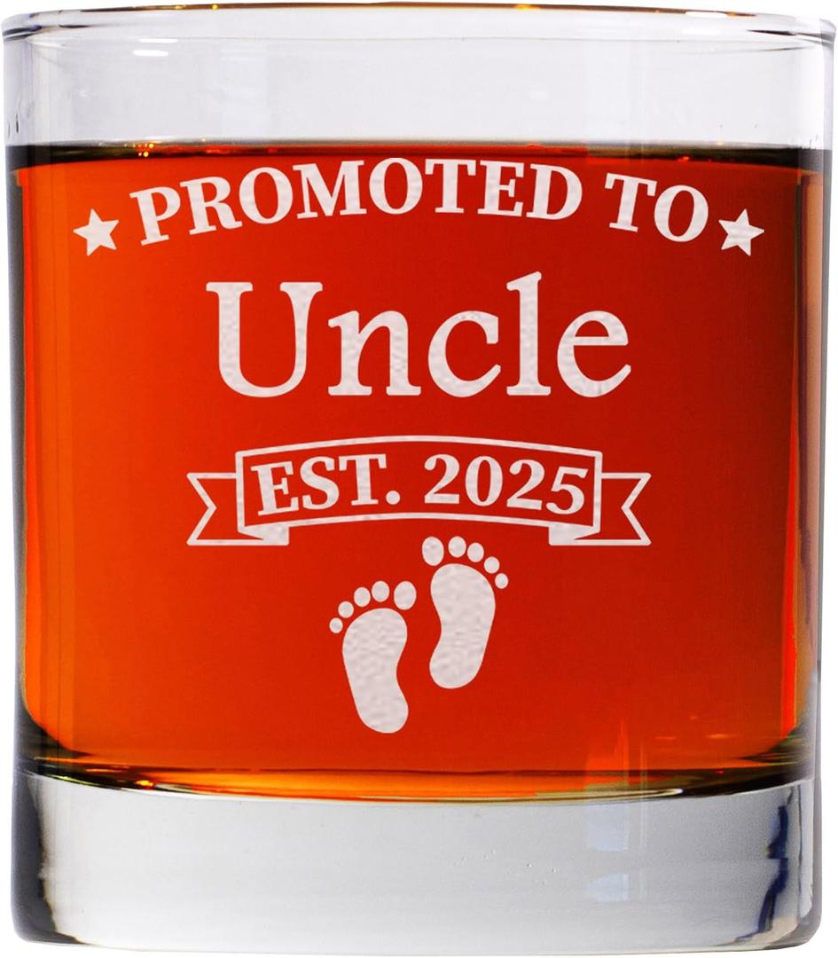 Promoted To Uncle Est 2025 Whiskey Glass 11oz Old Fashioned Bourbon Rocks Glass Pregnancy Announcement Gift for Brother, Future Uncle Gift, Baby Reveal Idea