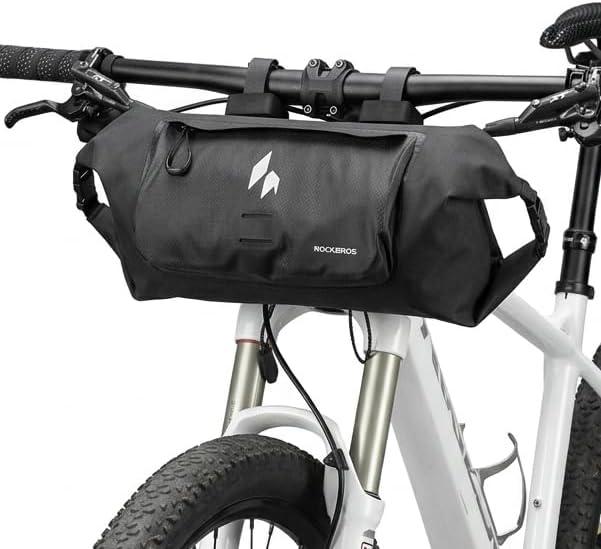 ROCKBROS Handlebar Bag Waterproof with Adjustable Capacity (Up to 8L)-Front Storage Pouch Bag with Waterproof Zipper Anti-Displacement Double-Side Open Compatible for Road Mountain Bike Cycling Travel, 23.62×6.69×5.91 inches