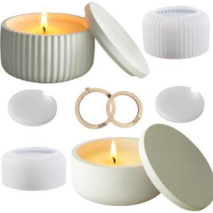 Silicone Jar Mold Set of 2 with Lids & 2 Wooden Fixing Rings  Round Candle Jar Molds for Plaster, Cement, Resin & Wax Crafts  Smooth & Ribbed Styles  Form Me