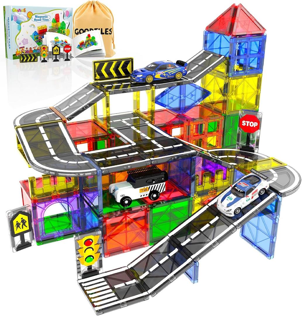 Magnetic Tiles - Road Set, Magnetic Building Blocks, Preschool Montessori Toys Gift for 3+ Year Old Boys and Girls, Sensory Travel Toys for Kids Aged 3-5 and 4-8, Ideal for Toddler with Autism