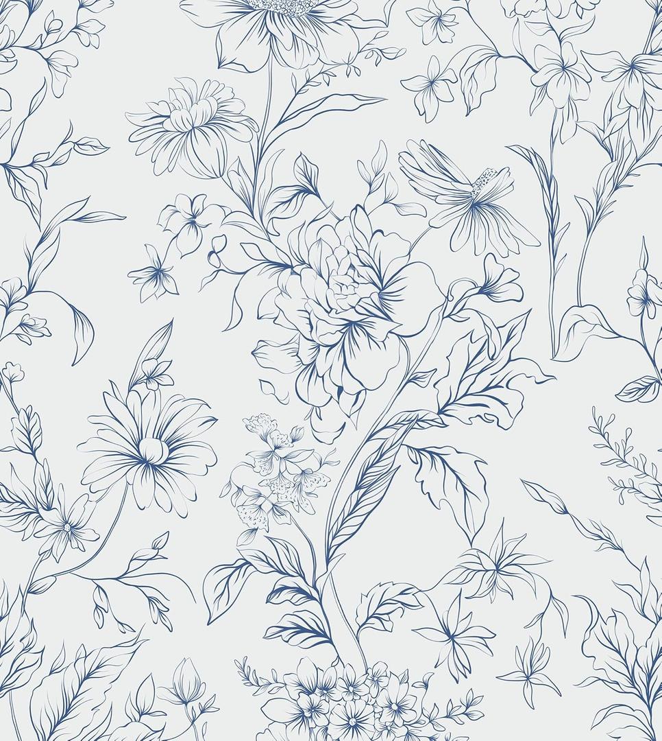 HeloHo Peel and Stick Wallpaper 17.3 X 196.8 Blue White Floral Wall Paper Self Adhesive Removable Waterproof Contact Paper for Living Room Bedroom Decor