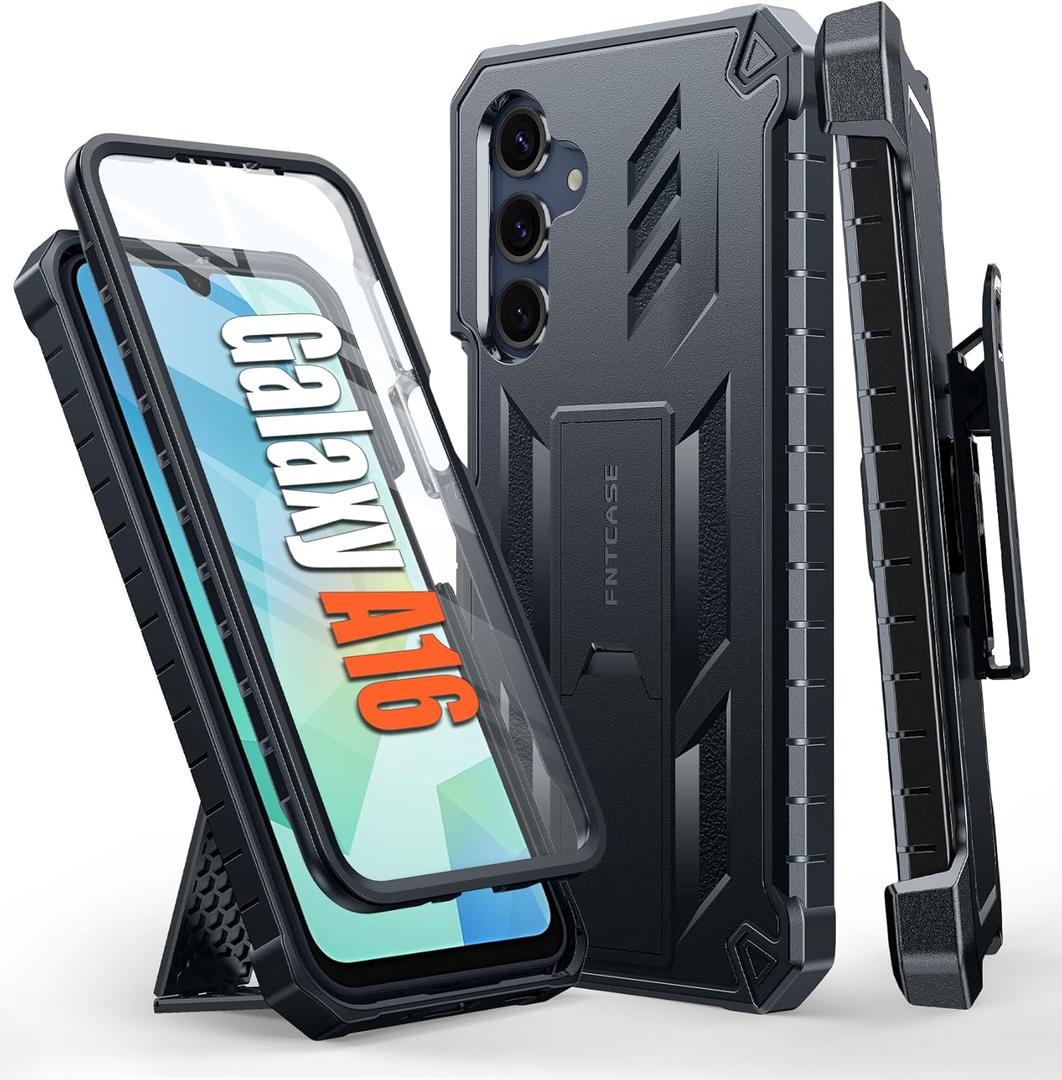 FNTCASE for Samsung Galaxy A16-5G Case: Military Grade Rugged Cell Phone Cover with Kickstand & Holster | Shockproof TPU Protection Bumper Matte Textured Design for Galaxy A16 Cases 6.7 inch - Black