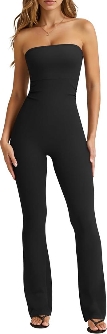 OQQ Womens Jumpsuits Tube Strapless With Removeable Bra One Piece Outfits Ruched Classic-Fit Jumpsuits (Medium, Black)
