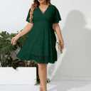 SCOMCHIC Women Plus Size Lace Cocktail Dresses Faux Wrap V Neck Short Sleeve Flowy A Line Wedding Guest Midi Dress (XL)