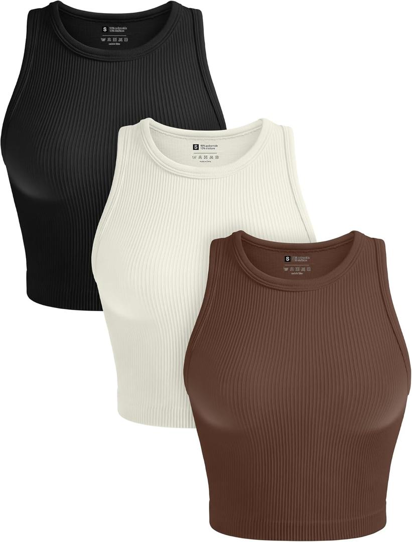 OLCHEE Womens 3 Pack Crop Tank Tops Basic Seamless Ribbed Round High Neck Racerback Workout Top Summer Causal Yoga Gym Shirts (Medium, Black + Brown + Beige)