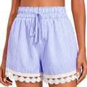 Dokotoo Women's Shorts Fashion Lace Trim Drawstring Elastic Waist Sky Blue Short Stripe Pants Lightweight Loose Athletic Beach Vacation Clothes for Women, XX-Large